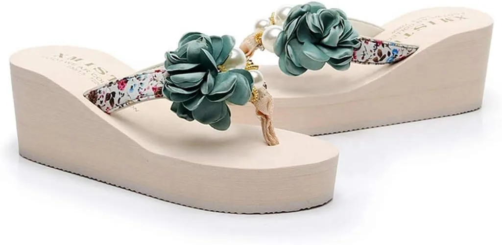 VOKLIN Women's Bohemian Flowers Wedge High Heel Flipflop Sandals Summer Platform Nonslip Beach Thong Sandal