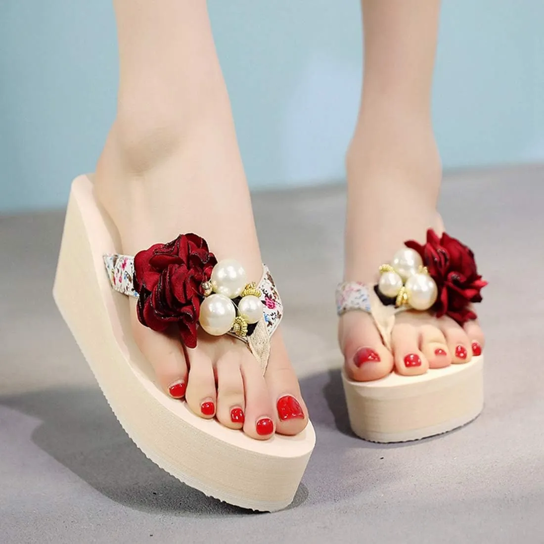 VOKLIN Women's Bohemian Flowers Wedge High Heel Flipflop Sandals Summer Platform Nonslip Beach Thong Sandal