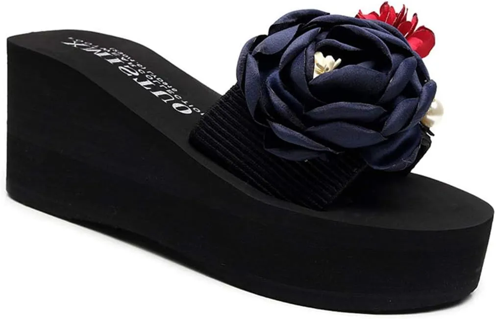 VOKLIN Women's Bohemian Flowers Wedge High Heel Slide Sandals Summer Comfort Anti-Slip Platform Beach Sandal