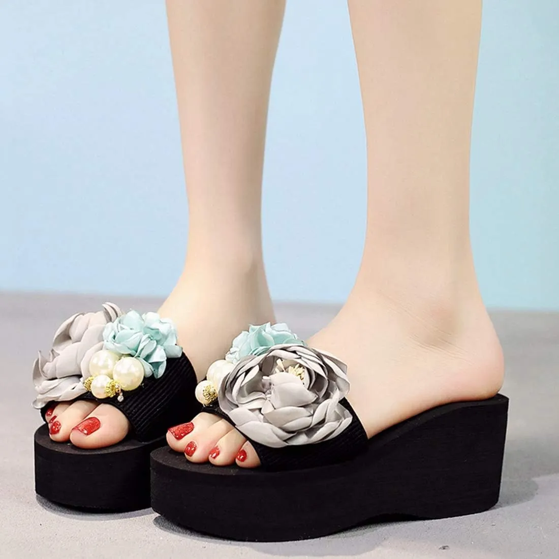 VOKLIN Women's Bohemian Flowers Wedge High Heel Slide Sandals Summer Comfort Anti-Slip Platform Beach Sandal