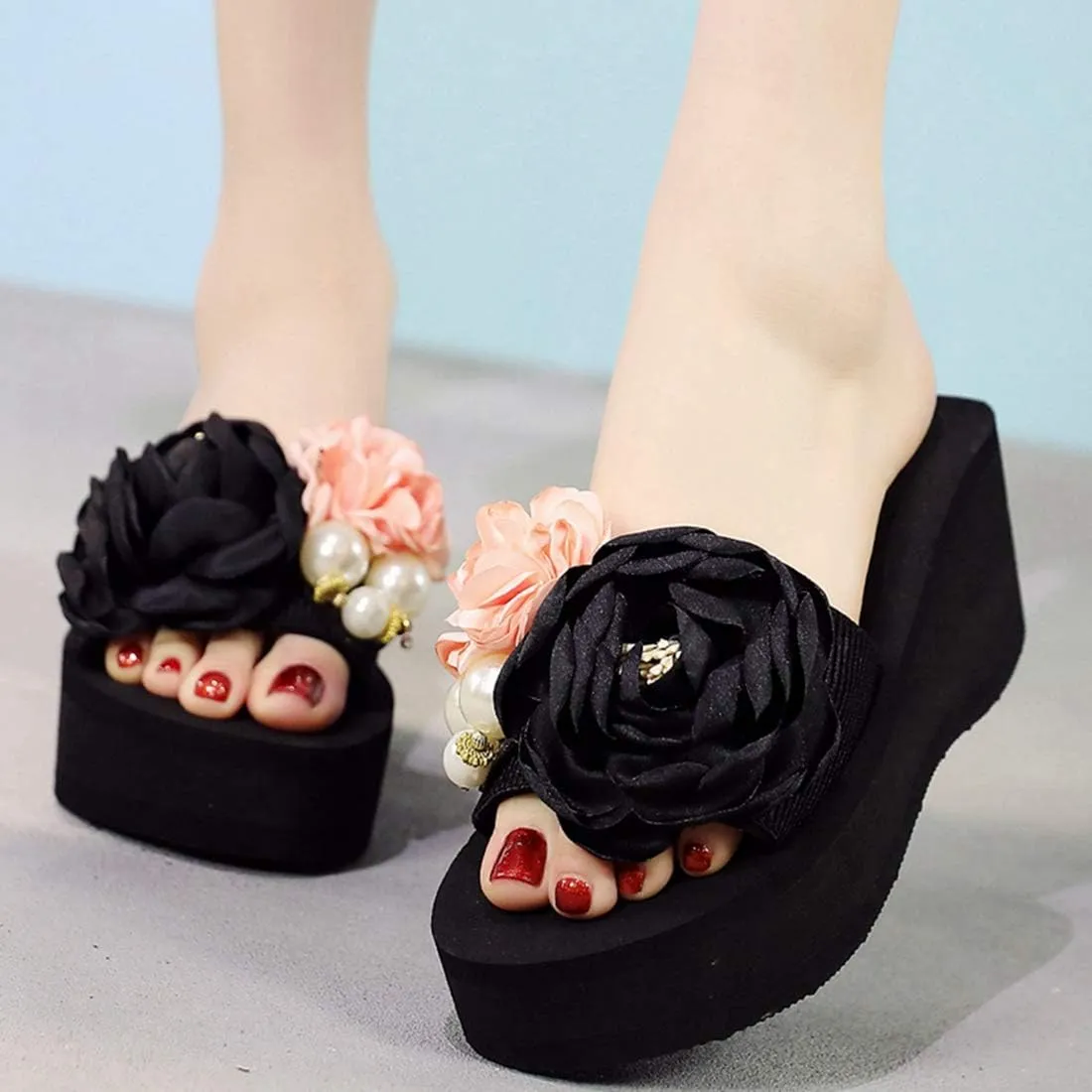 VOKLIN Women's Bohemian Flowers Wedge High Heel Slide Sandals Summer Comfort Anti-Slip Platform Beach Sandal
