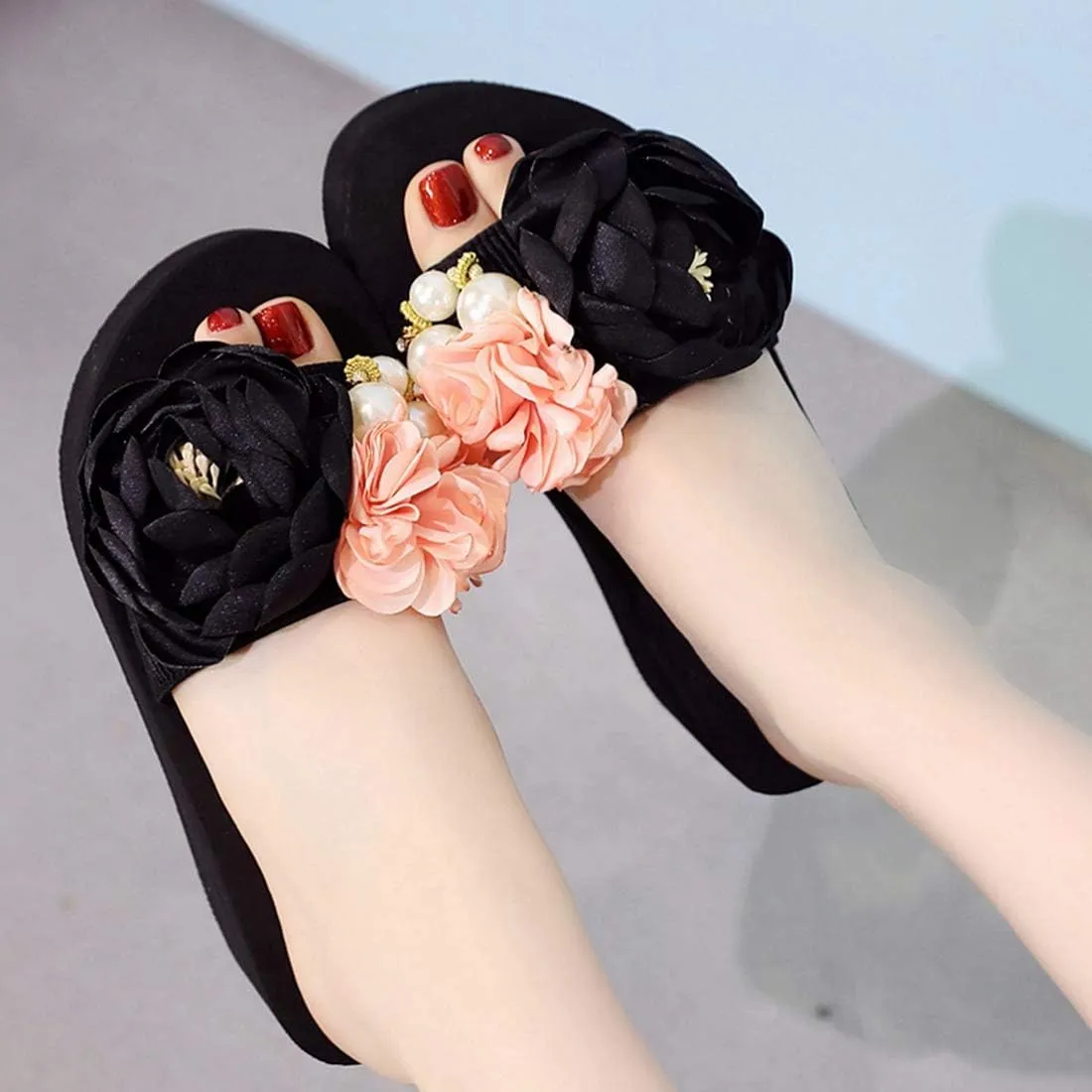 VOKLIN Women's Bohemian Flowers Wedge High Heel Slide Sandals Summer Comfort Anti-Slip Platform Beach Sandal