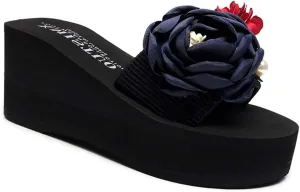 VOKLIN Women's Bohemian Flowers Wedge High Heel Slide Sandals Summer Comfort Anti-Slip Platform Beach Sandal