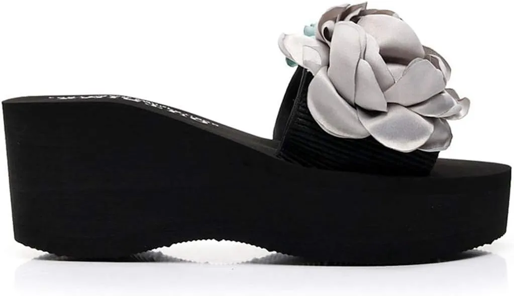 VOKLIN Women's Bohemian Flowers Wedge High Heel Slide Sandals Summer Comfort Anti-Slip Platform Beach Sandal