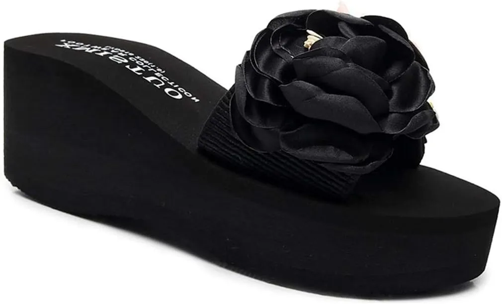 VOKLIN Women's Bohemian Flowers Wedge High Heel Slide Sandals Summer Comfort Anti-Slip Platform Beach Sandal