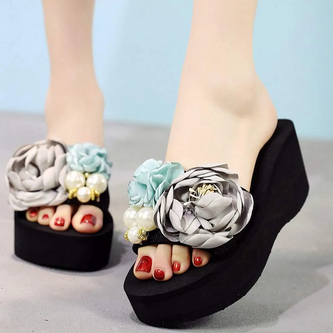 VOKLIN Women's Bohemian Flowers Wedge High Heel Slide Sandals Summer Comfort Anti-Slip Platform Beach Sandal