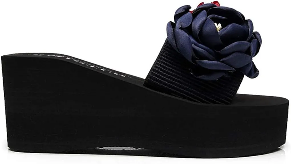 VOKLIN Women's Bohemian Flowers Wedge High Heel Slide Sandals Summer Comfort Anti-Slip Platform Beach Sandal
