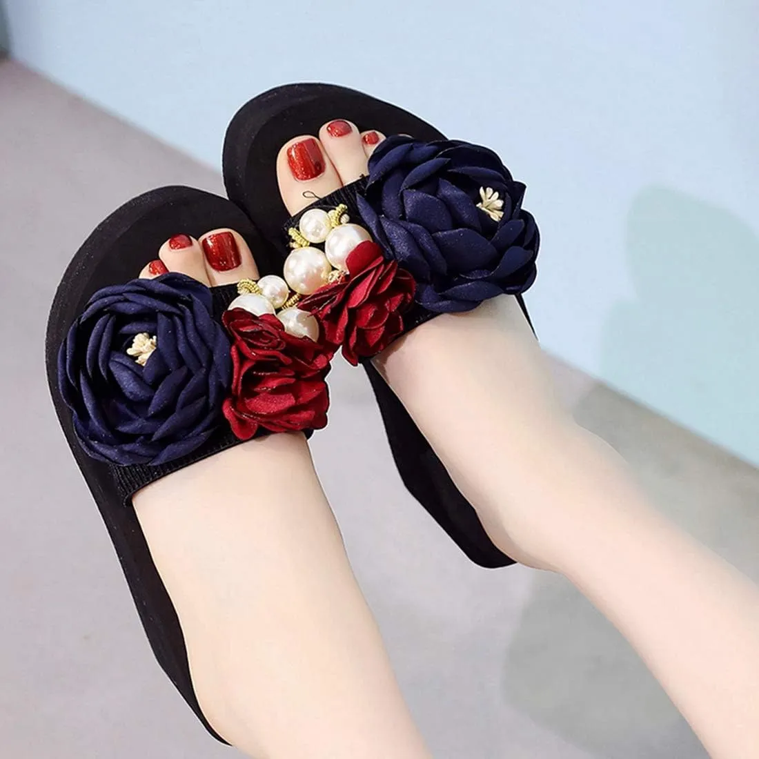 VOKLIN Women's Bohemian Flowers Wedge High Heel Slide Sandals Summer Comfort Anti-Slip Platform Beach Sandal