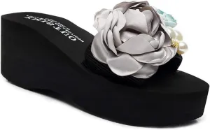 VOKLIN Women's Bohemian Flowers Wedge High Heel Slide Sandals Summer Comfort Anti-Slip Platform Beach Sandal