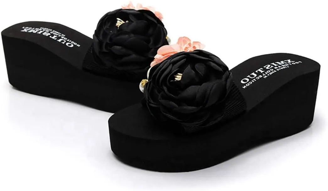 VOKLIN Women's Bohemian Flowers Wedge High Heel Slide Sandals Summer Comfort Anti-Slip Platform Beach Sandal