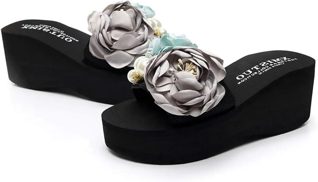 VOKLIN Women's Bohemian Flowers Wedge High Heel Slide Sandals Summer Comfort Anti-Slip Platform Beach Sandal