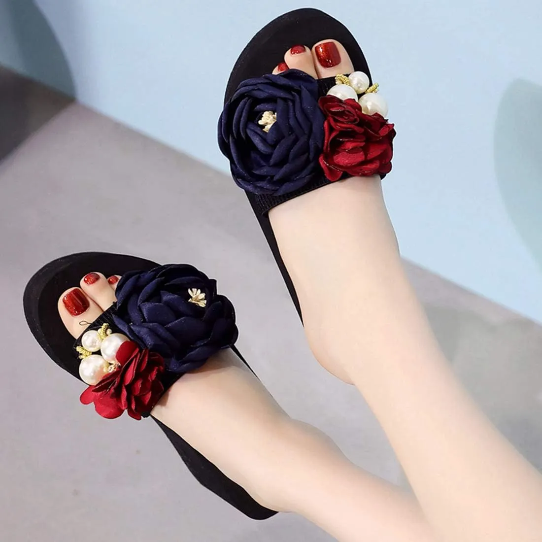 VOKLIN Women's Bohemian Flowers Wedge High Heel Slide Sandals Summer Comfort Anti-Slip Platform Beach Sandal