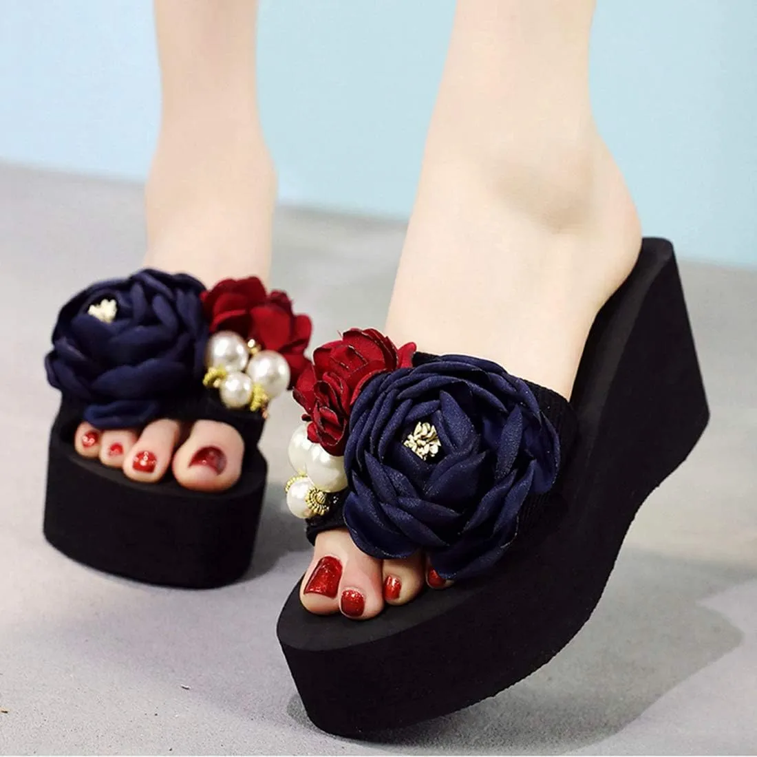 VOKLIN Women's Bohemian Flowers Wedge High Heel Slide Sandals Summer Comfort Anti-Slip Platform Beach Sandal