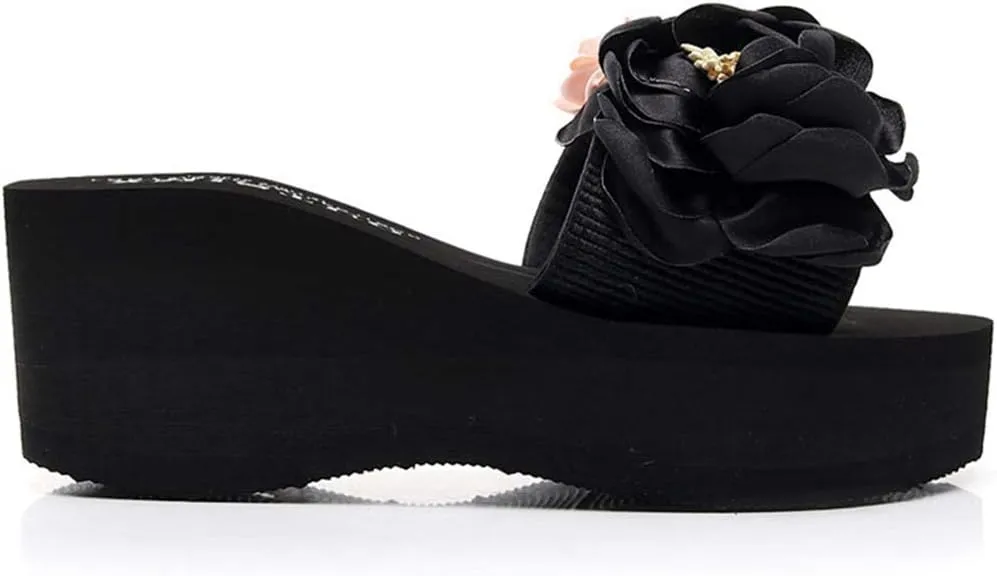 VOKLIN Women's Bohemian Flowers Wedge High Heel Slide Sandals Summer Comfort Anti-Slip Platform Beach Sandal