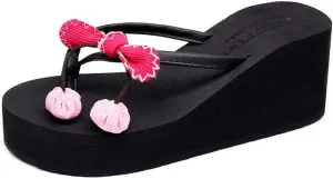 VOKLIN Women's Wedge High Heel Flipflop Sandals Bohemian Flowers Summer Platform Nonslip Beach Thong Sandal
