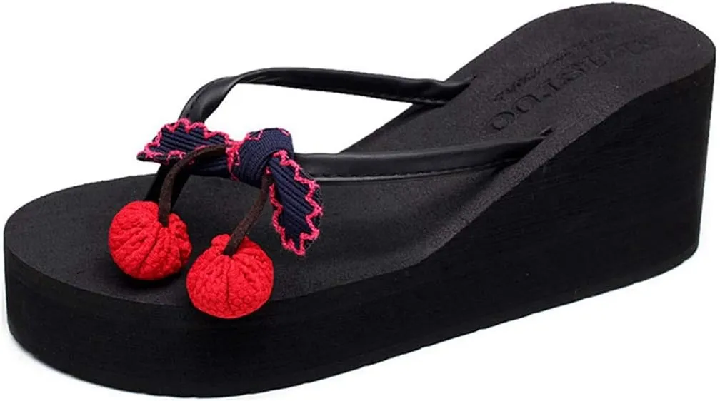 VOKLIN Women's Wedge High Heel Flipflop Sandals Bohemian Flowers Summer Platform Nonslip Beach Thong Sandal