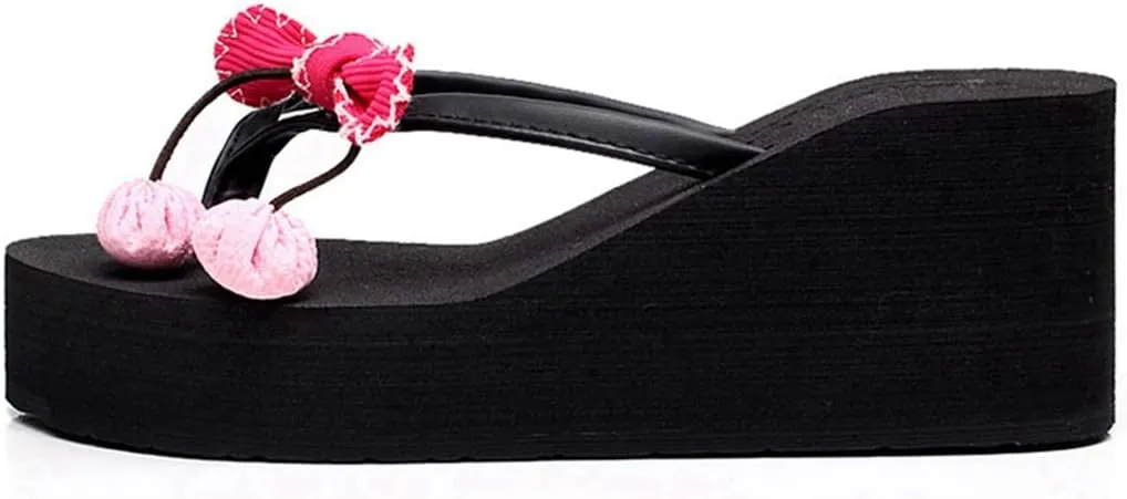 VOKLIN Women's Wedge High Heel Flipflop Sandals Bohemian Flowers Summer Platform Nonslip Beach Thong Sandal