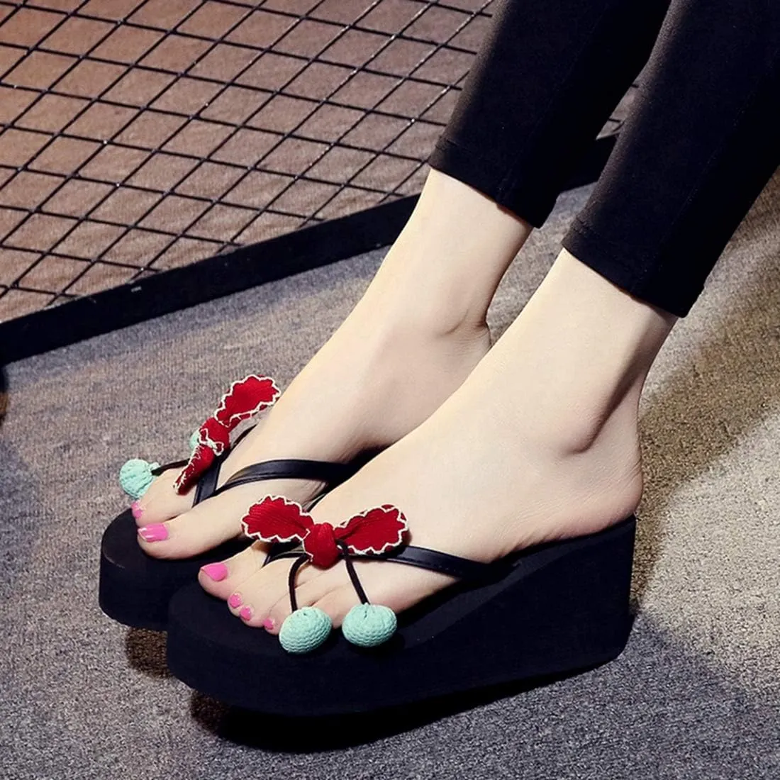 VOKLIN Women's Wedge High Heel Flipflop Sandals Bohemian Flowers Summer Platform Nonslip Beach Thong Sandal