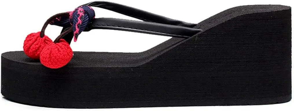 VOKLIN Women's Wedge High Heel Flipflop Sandals Bohemian Flowers Summer Platform Nonslip Beach Thong Sandal