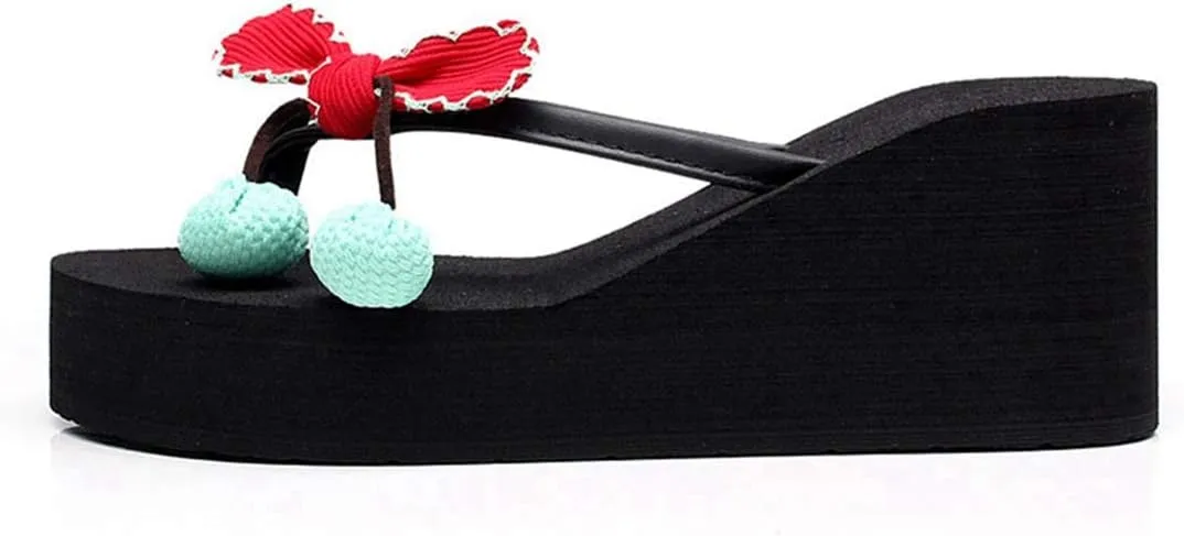 VOKLIN Women's Wedge High Heel Flipflop Sandals Bohemian Flowers Summer Platform Nonslip Beach Thong Sandal