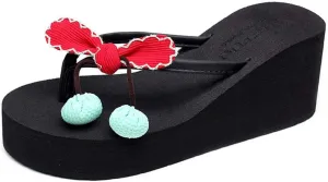 VOKLIN Women's Wedge High Heel Flipflop Sandals Bohemian Flowers Summer Platform Nonslip Beach Thong Sandal
