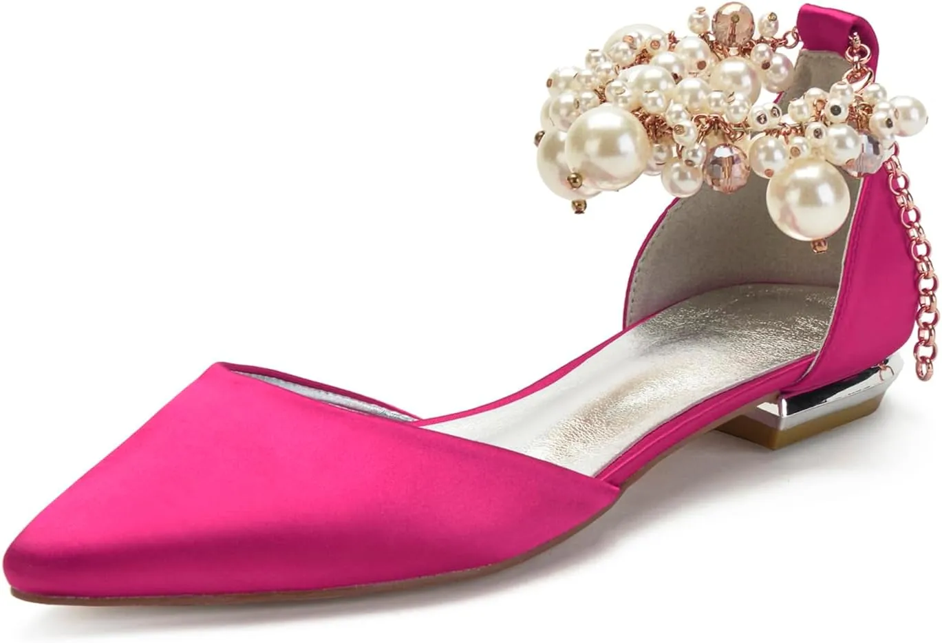 Wedding Bridal Shoes Beaded Ankle Strap Low Heels Women's Pumps Pointed Toe Closed Toe Sandal 2CM High Heels Satin Flats Elegant Formal,Wine red,6