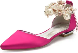 Wedding Bridal Shoes Beaded Ankle Strap Low Heels Women's Pumps Pointed Toe Closed Toe Sandal 2CM High Heels Satin Flats Elegant Formal,Wine red,6