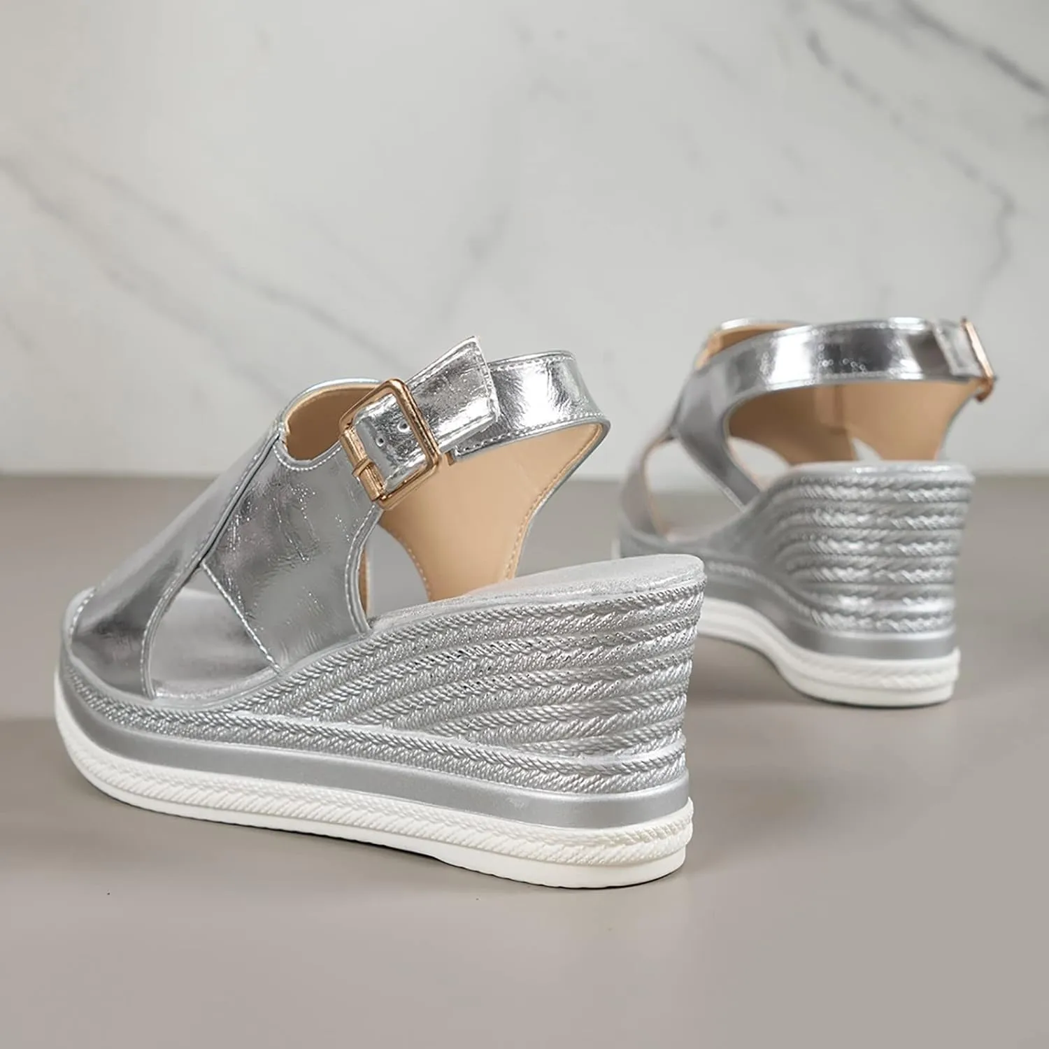 Wedge Sandals for Women Comfortable 2025 Dressy Metallic Slingback Sandals Glamorous Platform Casual Summer Bohemian Sandal