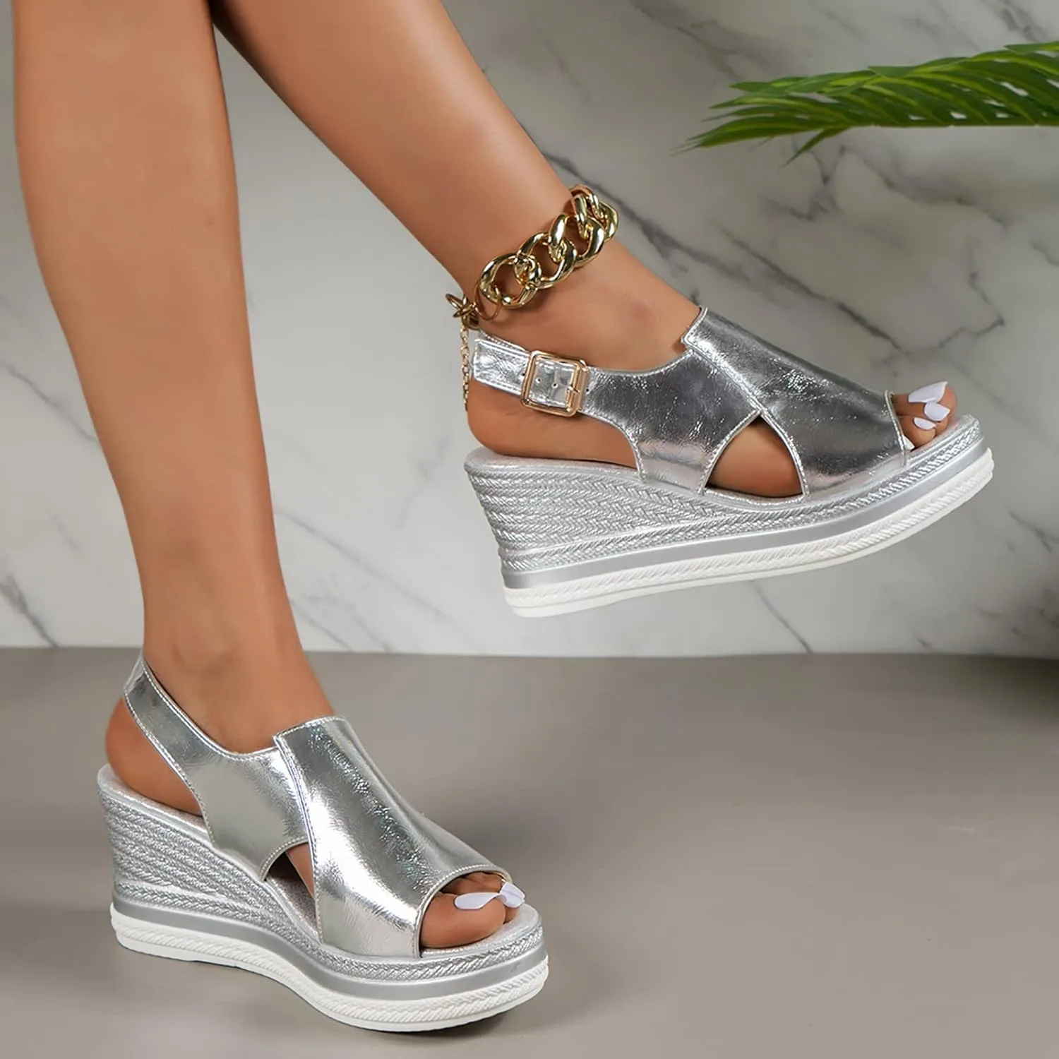 Wedge Sandals for Women Comfortable 2025 Dressy Metallic Slingback Sandals Glamorous Platform Casual Summer Bohemian Sandal