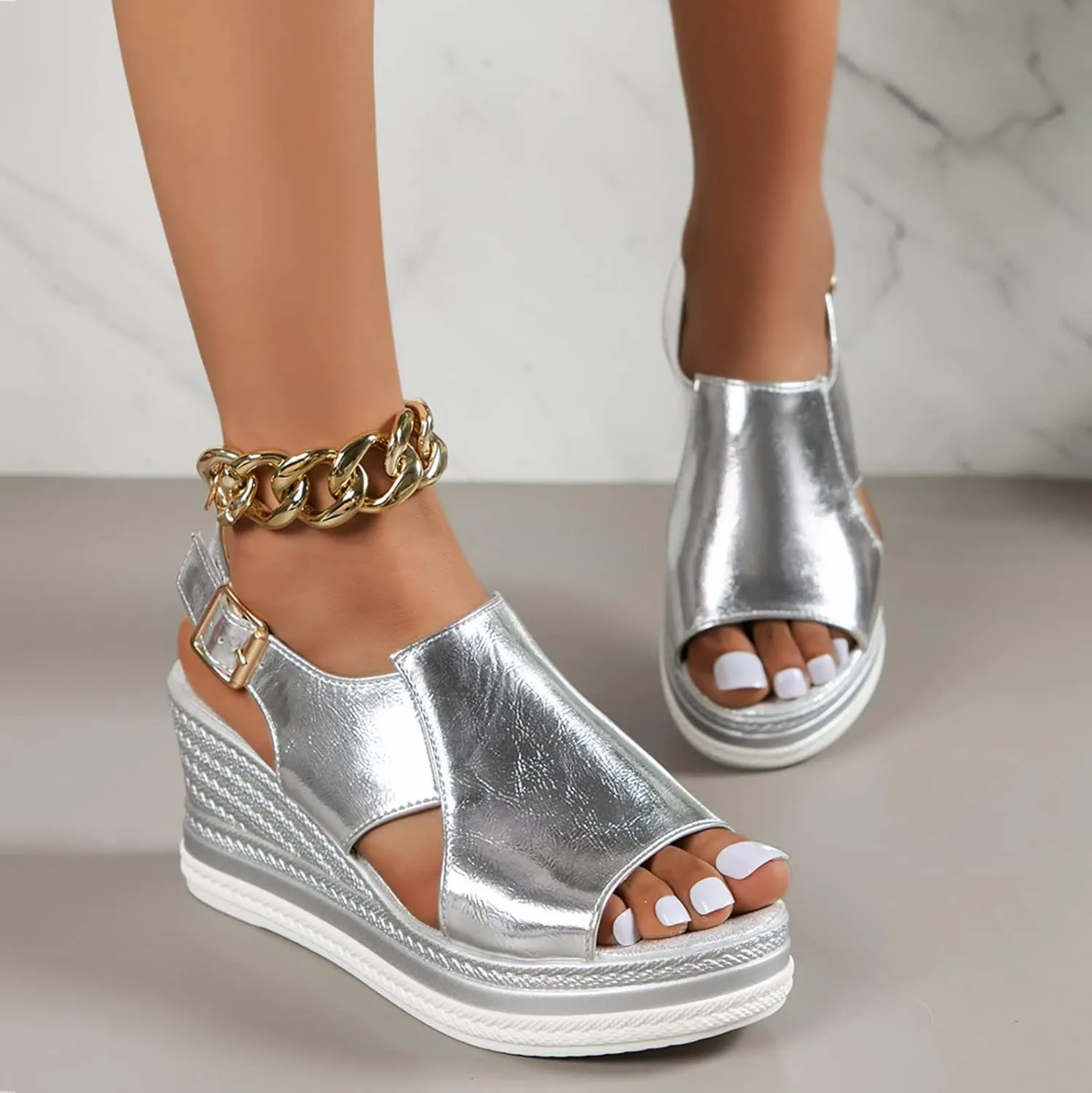 Wedge Sandals for Women Comfortable 2025 Dressy Metallic Slingback Sandals Glamorous Platform Casual Summer Bohemian Sandal