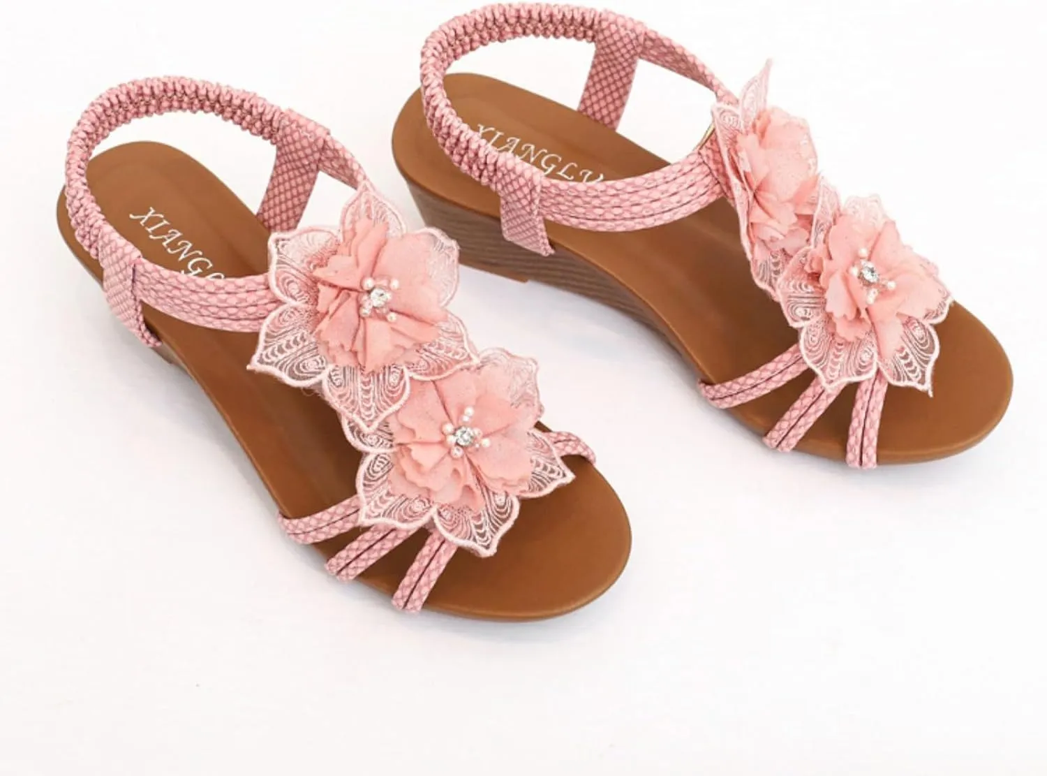 Wedge Sandals for Women Dressy Flower Low Heel Open Toe Elastic Ankle Strap Sandals Fashion Rhinestones Summer Comfortable Beach Shoe