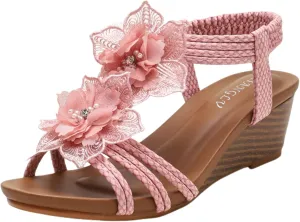 Wedge Sandals for Women Dressy Flower Low Heel Open Toe Elastic Ankle Strap Sandals Fashion Rhinestones Summer Comfortable Beach Shoe