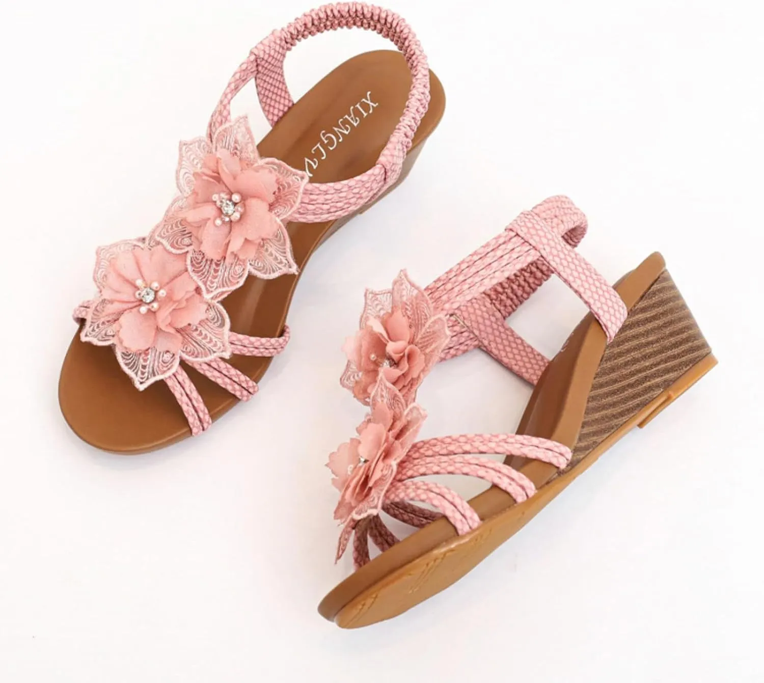 Wedge Sandals for Women Dressy Flower Low Heel Open Toe Elastic Ankle Strap Sandals Fashion Rhinestones Summer Comfortable Beach Shoe