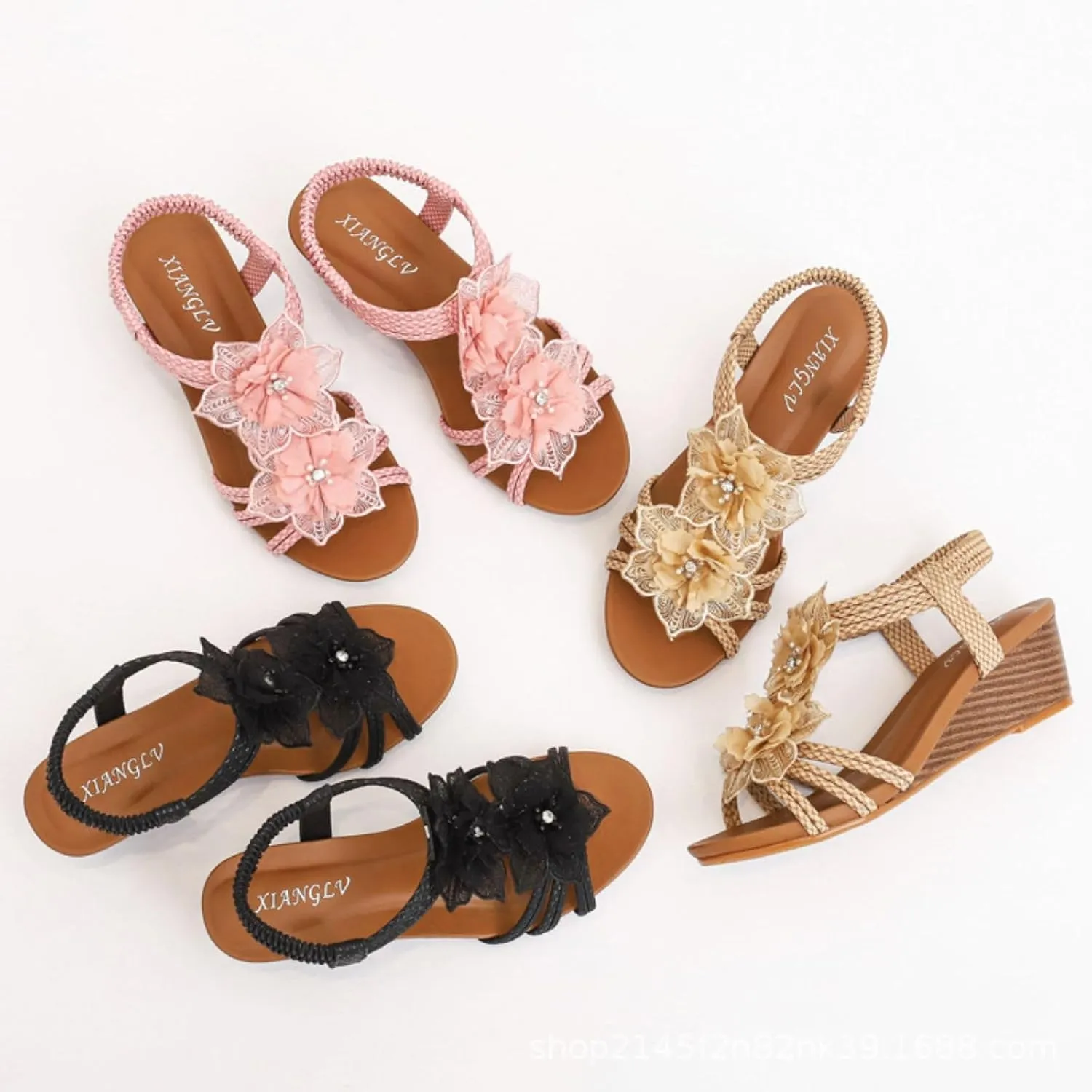 Wedge Sandals for Women Dressy Flower Low Heel Open Toe Elastic Ankle Strap Sandals Fashion Rhinestones Summer Comfortable Beach Shoe