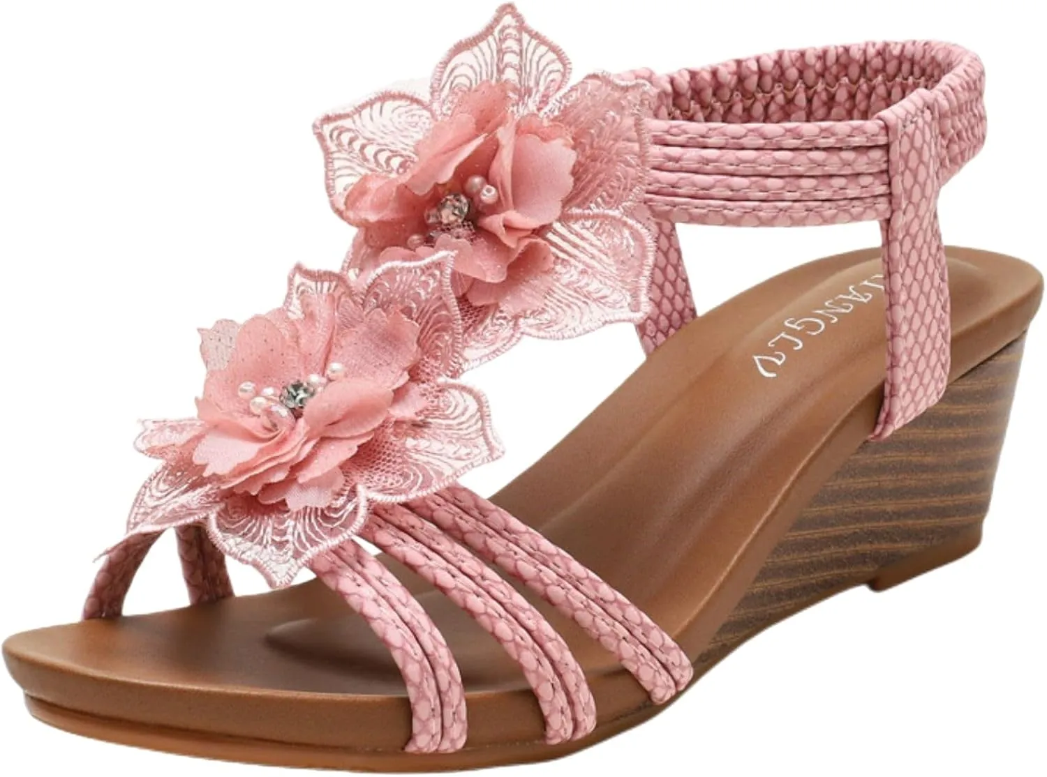 Wedge Sandals for Women Dressy Flower Low Heel Open Toe Elastic Ankle Strap Sandals Fashion Rhinestones Summer Comfortable Beach Shoe