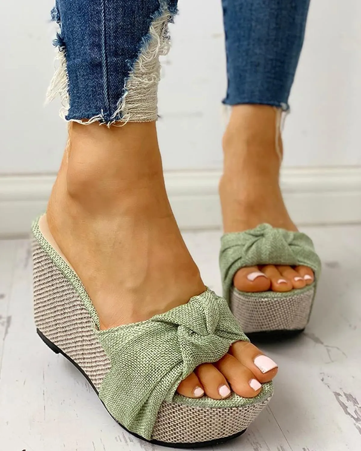 Wedge Sandals for Women Espadrilles Summer Open Toe Platform Sandals Ladies Bow Slip on Slides Slippers Mule Clogs Comfy Beach Shoes,Green,US9/EU40