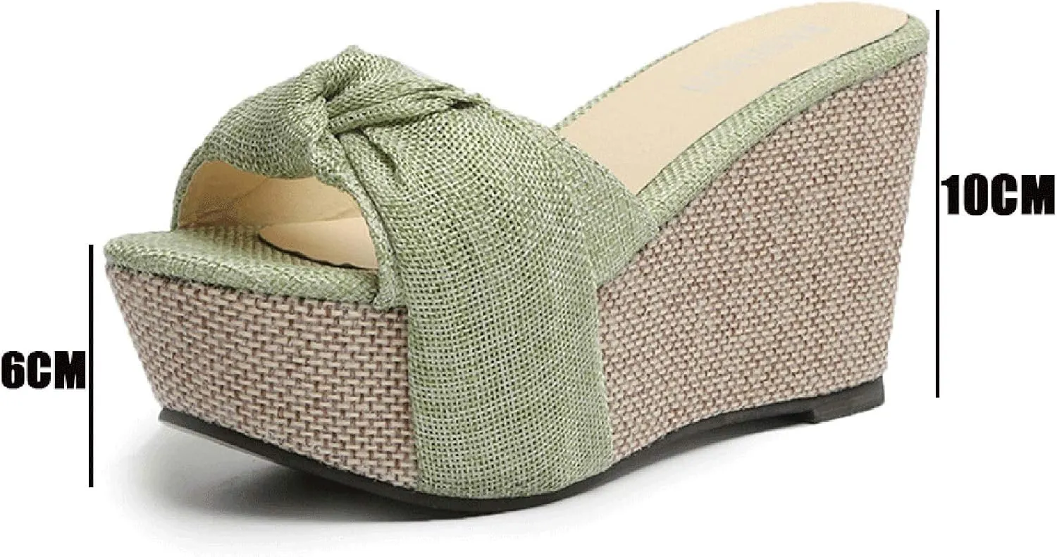 Wedge Sandals for Women Espadrilles Summer Open Toe Platform Sandals Ladies Bow Slip on Slides Slippers Mule Clogs Comfy Beach Shoes,Green,US9/EU40