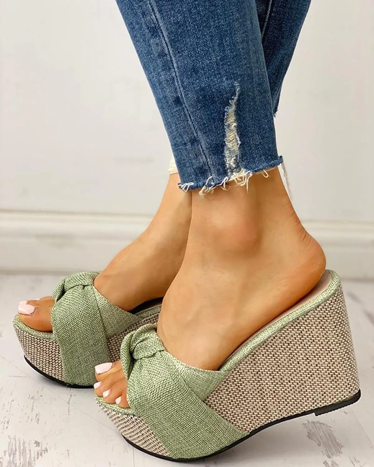 Wedge Sandals for Women Espadrilles Summer Open Toe Platform Sandals Ladies Bow Slip on Slides Slippers Mule Clogs Comfy Beach Shoes,Green,US9/EU40