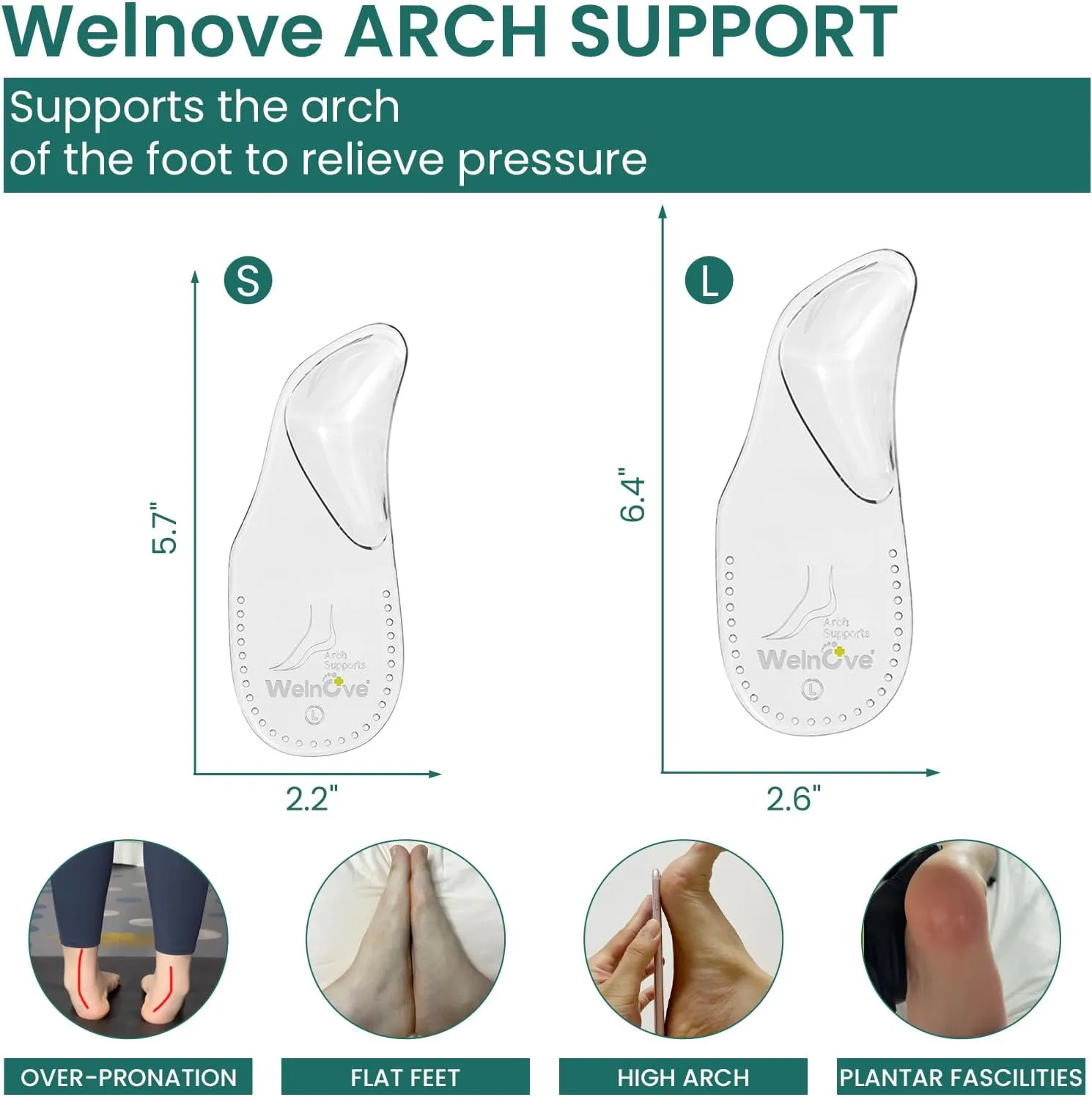 Welnove Arch Support Inserts for Plantar Fasciitis - Self Adhesive Gel Arch Supports for Flat Feet and Foot Pain Relief - Reusable Arch Cushions Pads for Sandals Slippers Flats for Women & Men,S