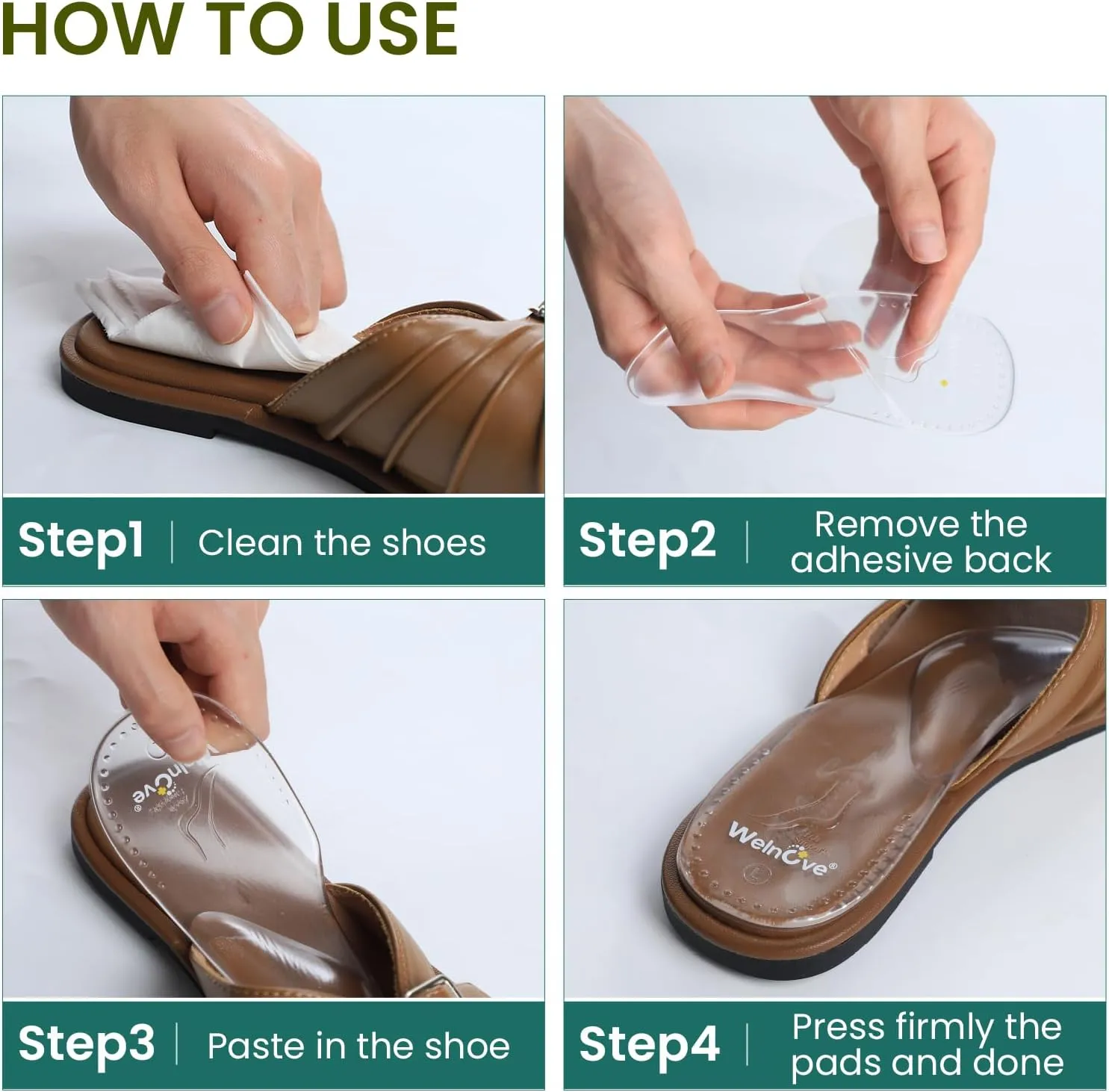 Welnove Arch Support Inserts for Plantar Fasciitis - Self Adhesive Gel Arch Supports for Flat Feet and Foot Pain Relief - Reusable Arch Cushions Pads for Sandals Slippers Flats for Women & Men,S