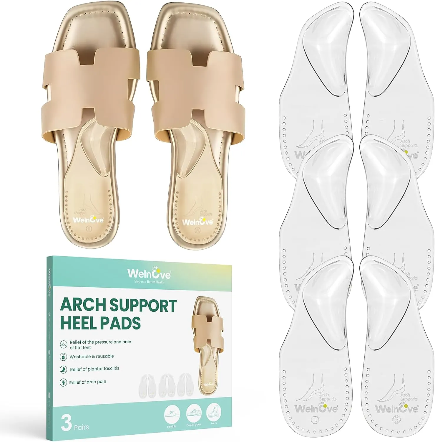 Welnove Arch Support Inserts for Plantar Fasciitis - Self Adhesive Gel Arch Supports for Flat Feet and Foot Pain Relief - Reusable Arch Cushions Pads for Sandals Slippers Flats for Women & Men,S