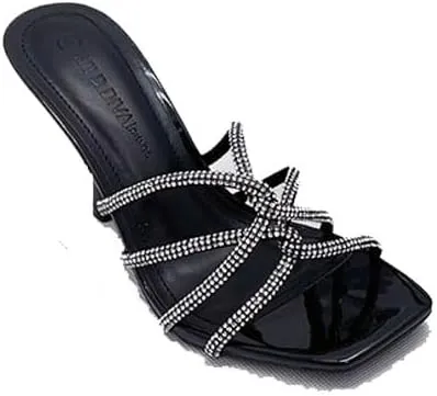 Wild Diva Nisha-07 Women's Square Toe Rhinestone Details Stilleto Heel Sandals