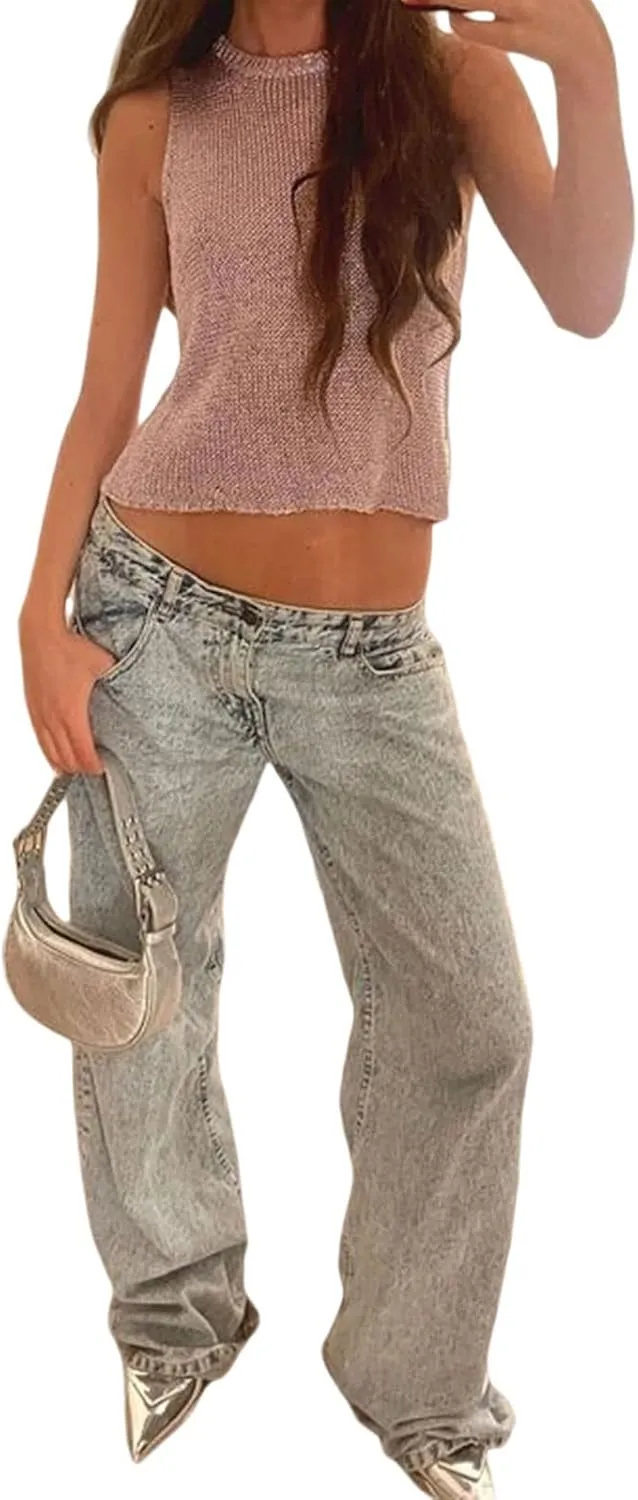 Women Basic Ribbed Knit Tie Dye Tank Top Crew Neck Sleeveless Crop Top Y2K Summer Camisole Vest Top