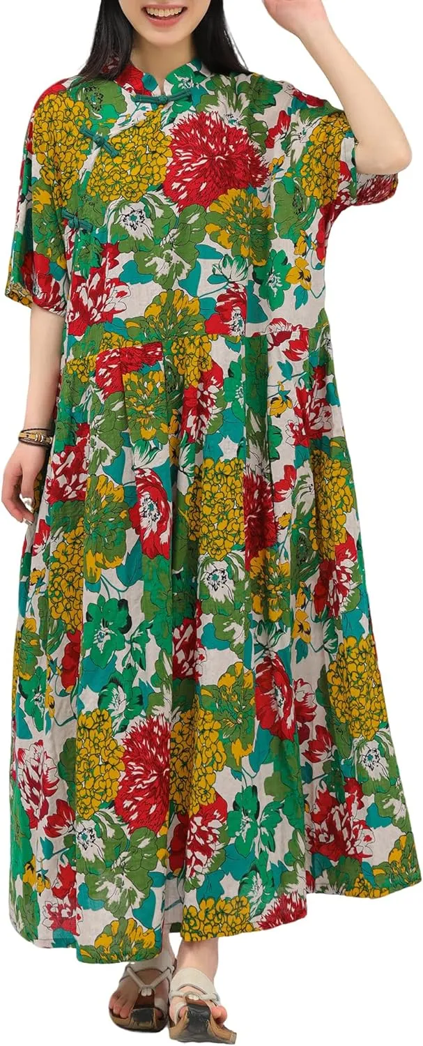 Women Boho Floral Print Cotton Long Maxi Skirt with Pockets and Adjustable Waistband Beach Casual Summer Dress