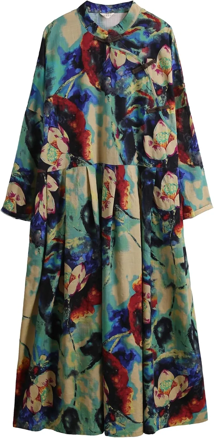 Women Boho Floral Print Cotton Long Maxi Skirt with Pockets and Adjustable Waistband Beach Casual Summer Dress