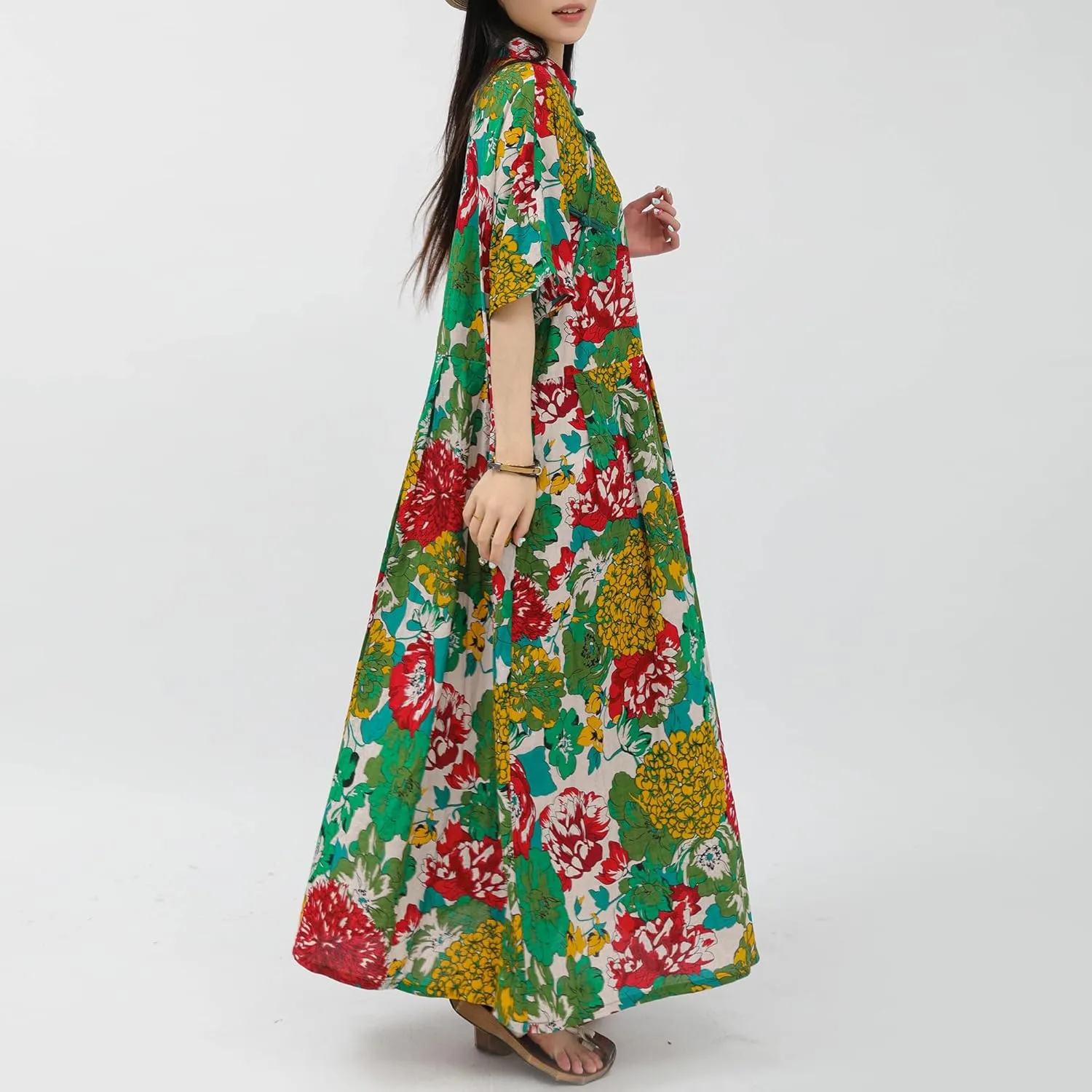 Women Boho Floral Print Cotton Long Maxi Skirt with Pockets and Adjustable Waistband Beach Casual Summer Dress