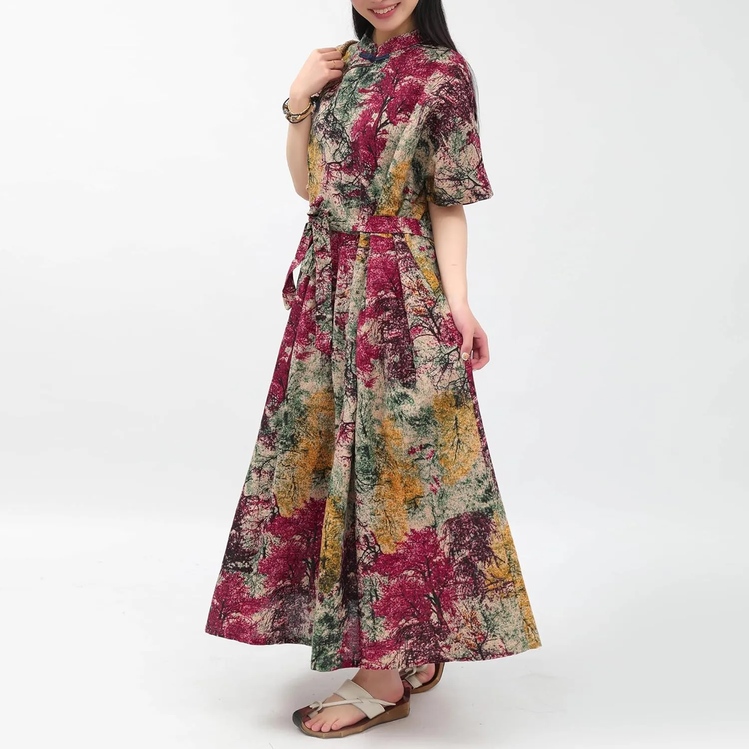 Women Boho Floral Print Cotton Long Maxi Skirt with Pockets and Adjustable Waistband Beach Casual Summer Dress