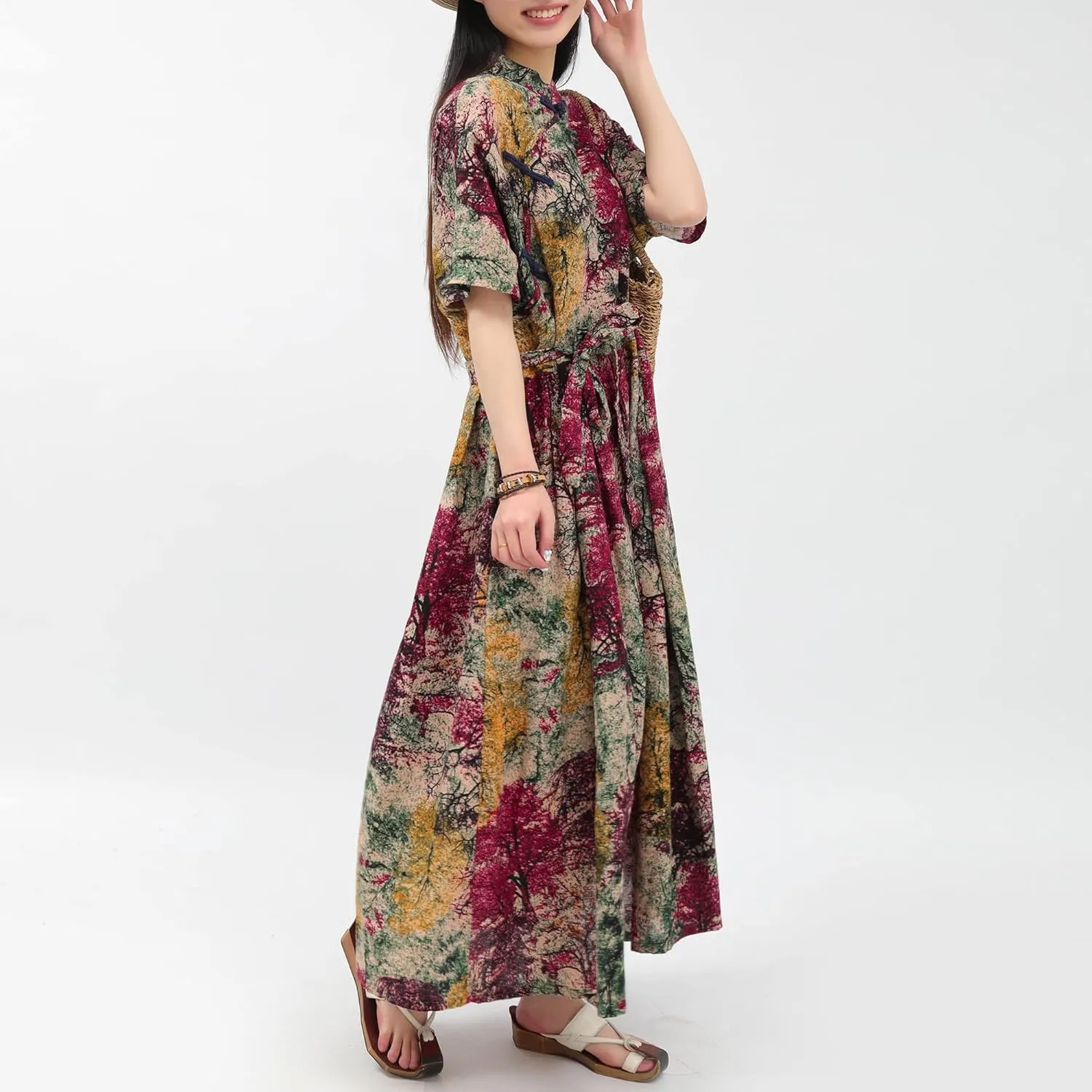 Women Boho Floral Print Cotton Long Maxi Skirt with Pockets and Adjustable Waistband Beach Casual Summer Dress