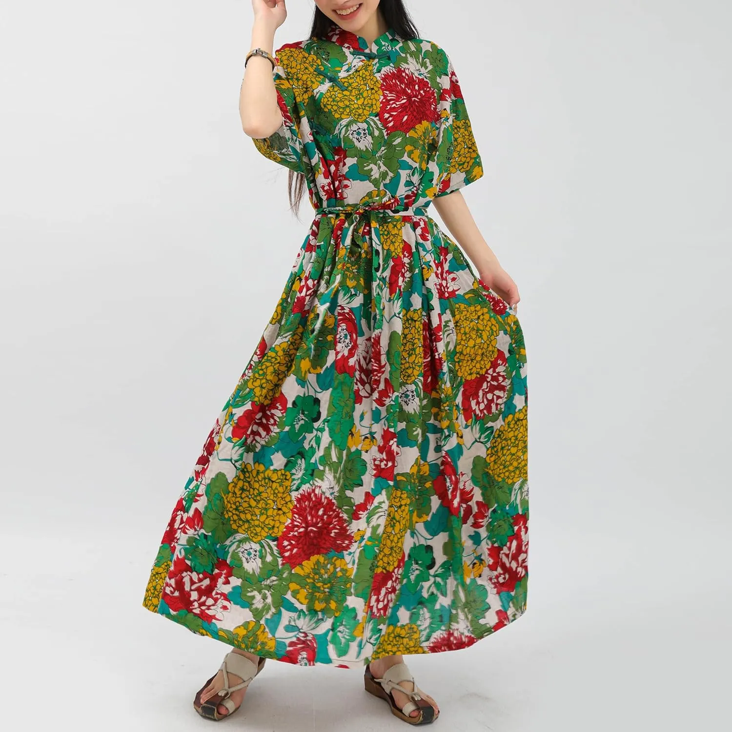 Women Boho Floral Print Cotton Long Maxi Skirt with Pockets and Adjustable Waistband Beach Casual Summer Dress