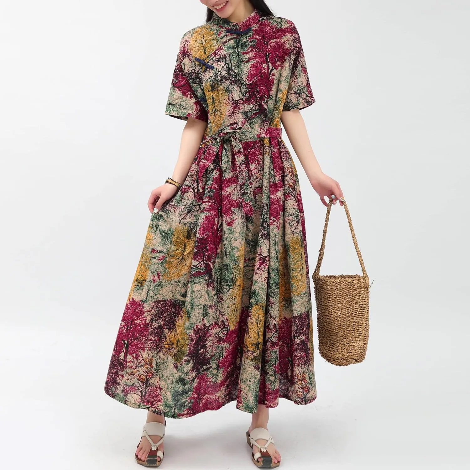 Women Boho Floral Print Cotton Long Maxi Skirt with Pockets and Adjustable Waistband Beach Casual Summer Dress